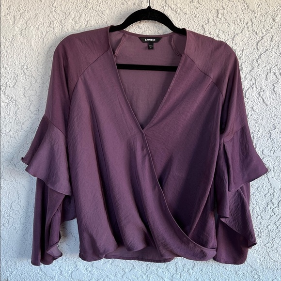 Express Women's Plum Ruffle Sleeve Blouse - Picture 3 of 16